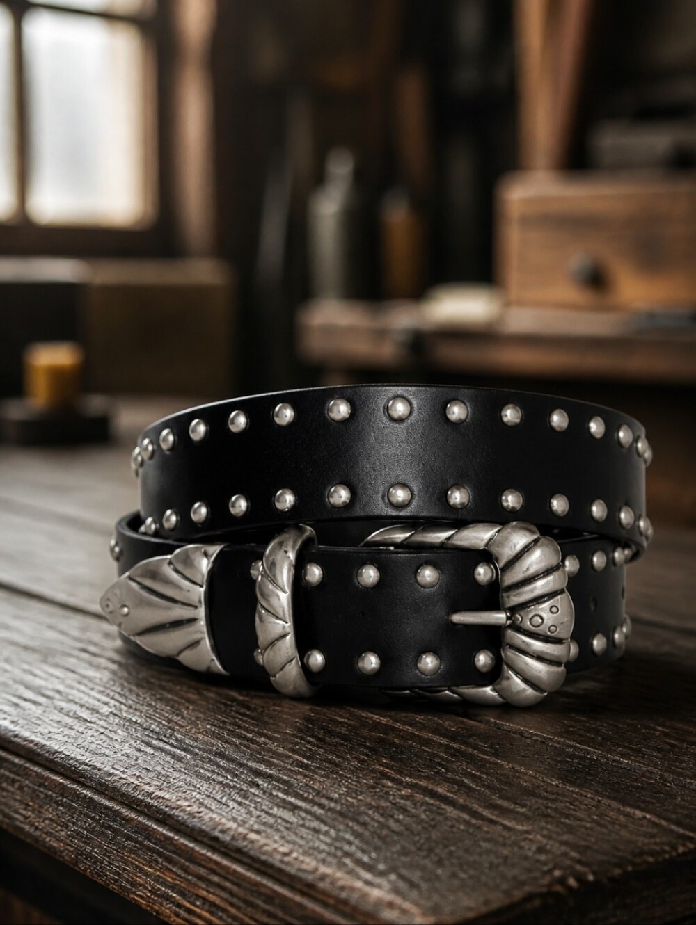 Good American Studded Black Leather Belt with Silver Buckle Size L/XL